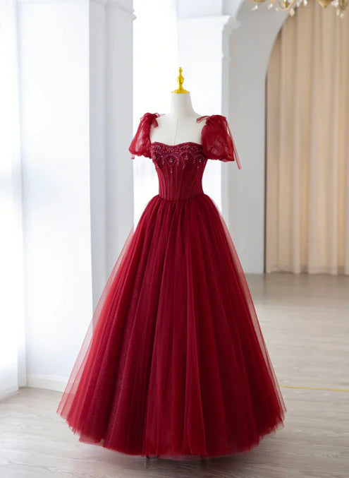 Luolandi Wine Red Tulle Beaded Long Prom Dress A-Line Sweetheart Formal Evening Dress Elegant
