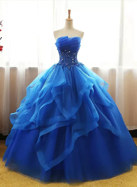 Luolandi Lovely Royal Blue Tulle Prom Dress Sweet 16 Dress Off Shoulder Floor Length Ball Gown