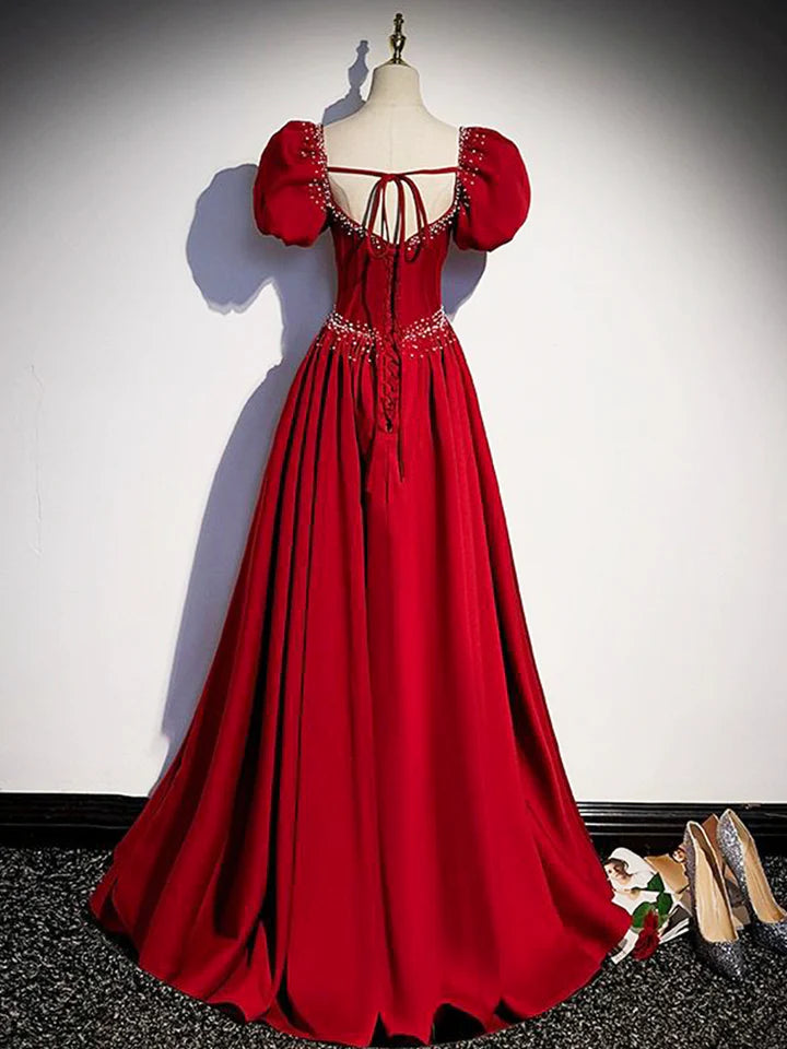 Luolandi Elegant Burgundy Floor Length Prom Dress A-Line Beading Puffy Short Sleeve Backless Evening Dress Beautiful