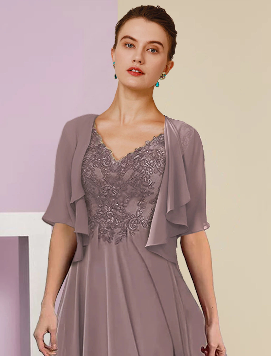 Luolandi Two Piece A-Line Mother of the Bride Dress Formal Fall Wedding Guest Elegant V Neck Tea Length Lace Short Sleeve Wrap Included