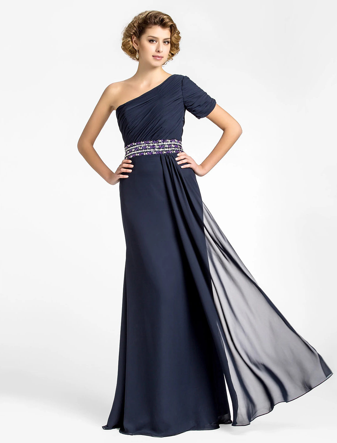 Luolandi Sheath / Column Mother of the Bride Dress Sparkle & Shine One Shoulder Floor Length Chiffon Short Sleeve with Beading