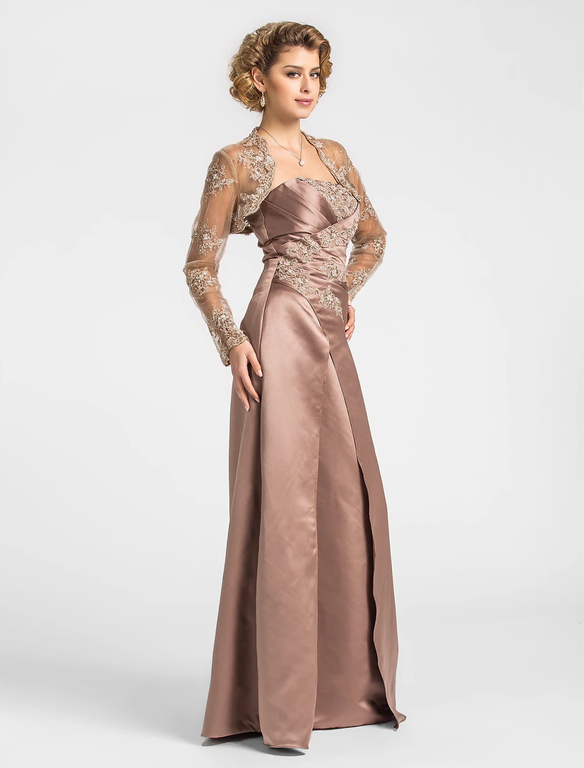 Luolandi A-Line Mother of the Bride Dress Strapless Floor Length Satin Lace Sleeveless with Criss Cross Beading