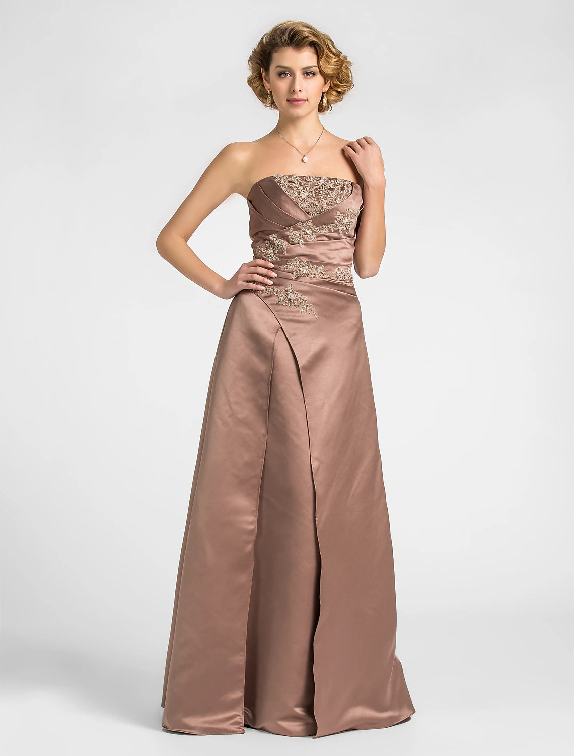 Luolandi A-Line Mother of the Bride Dress Strapless Floor Length Satin Lace Sleeveless with Criss Cross Beading