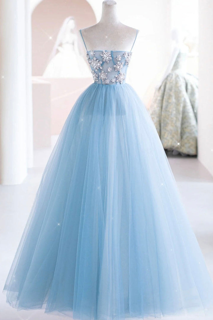 Luolandi Blue Spaghetti Strap Tulle Beading Long A-Line Prom Dresses Off Shoulder