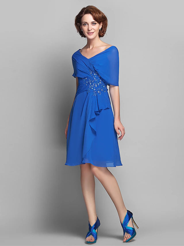 Luolandi A-Line Mother of the Bride Dress Elegant V Neck Knee Length Chiffon Short Sleeve with Criss Cross Beading