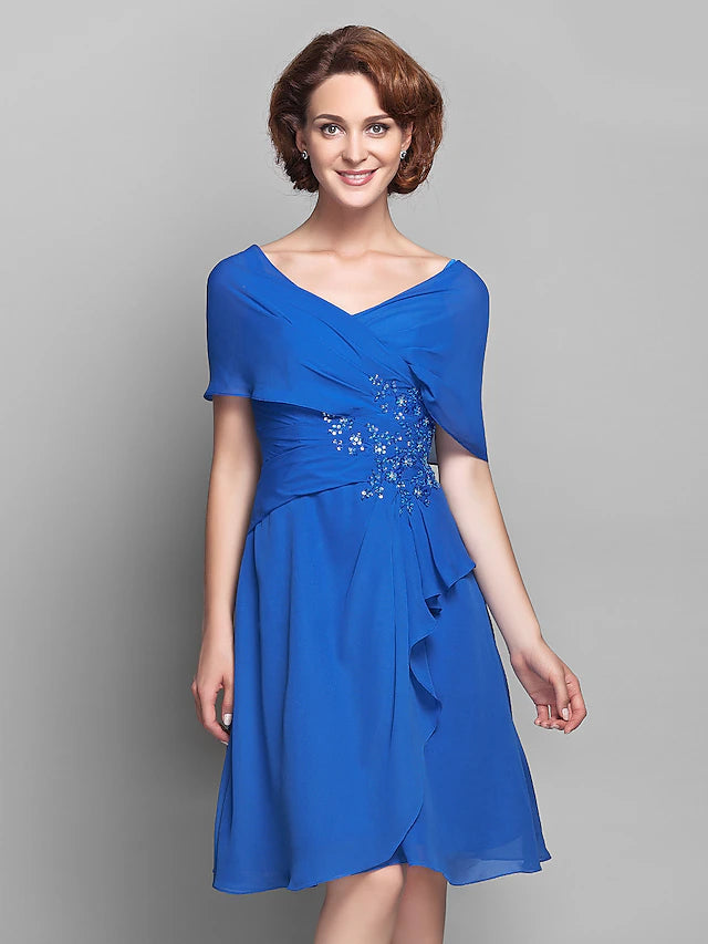 Luolandi A-Line Mother of the Bride Dress Elegant V Neck Knee Length Chiffon Short Sleeve with Criss Cross Beading