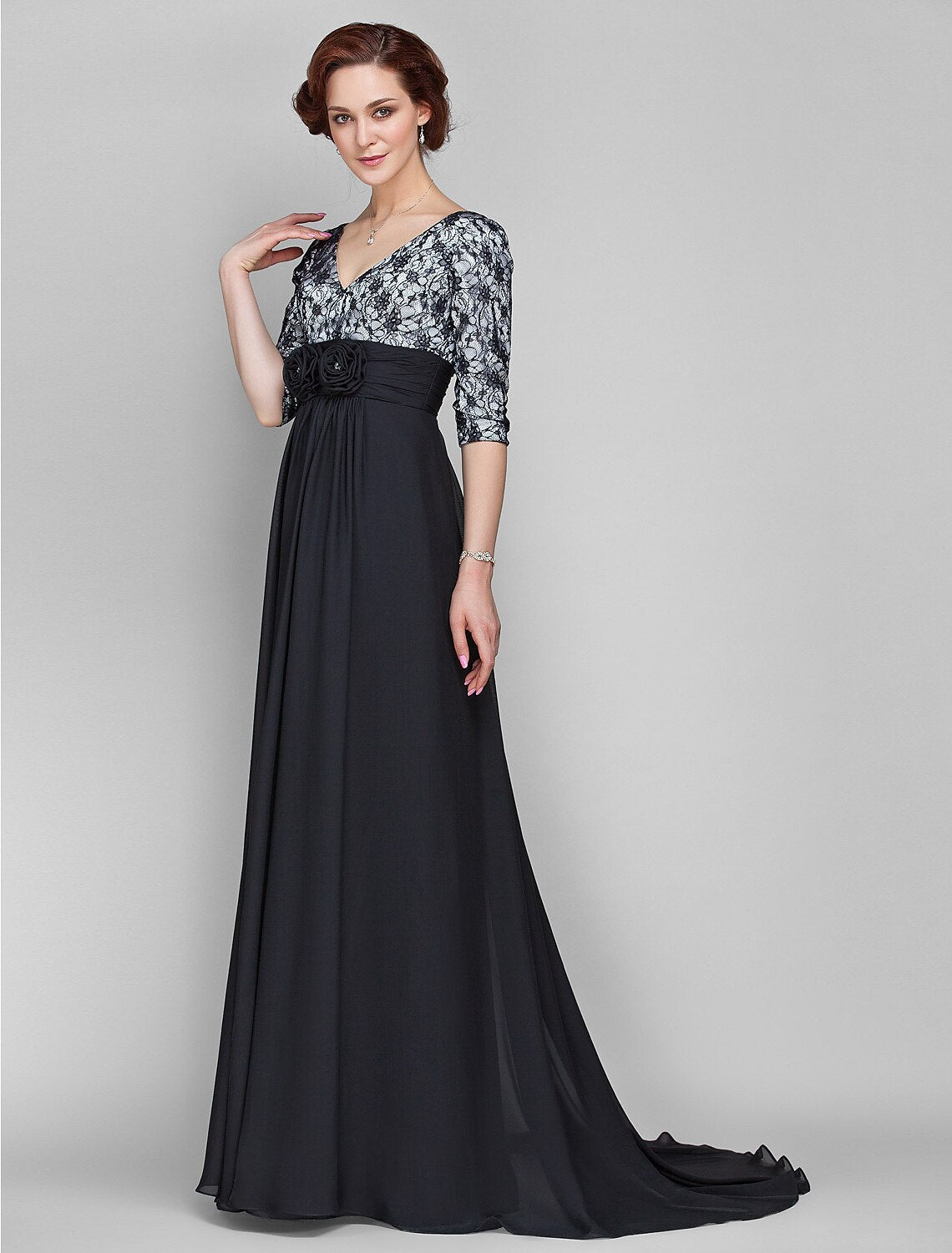 Luolandi A-Line Mother of the Bride Dress Vintage Inspired V Neck Sweep / Brush Train Chiffon Lace Half Sleeve with Lace