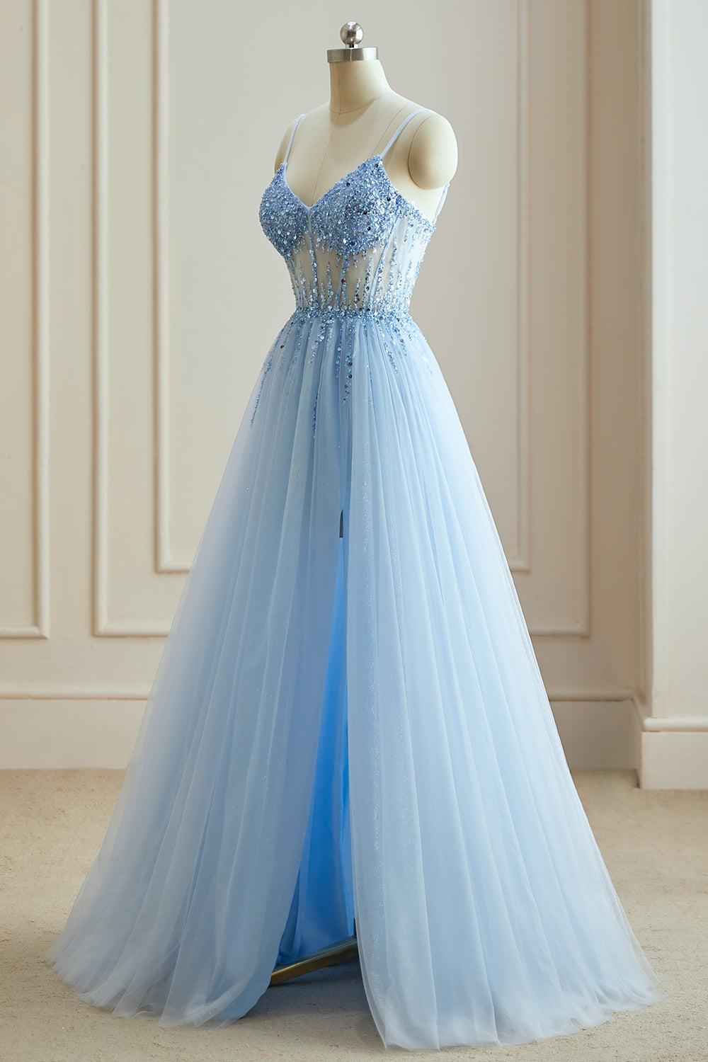 Luolandi A-Line V-Neck Spaghetti Straps Beads Modest Tulle Cheap Evening Prom Dresses With Slit