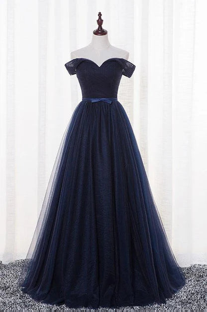 Luolandi Beautiful Navy Blue Tulle Long Party Dress Simple Off Shoulder Blue Bridesmaid Dress Prom Dress
