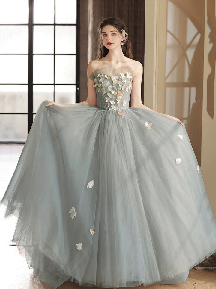 Luolandi Gray Tulle Strapless Long Prom Dress Lovely A-Line Sweetheart Neck Party Dress With Flowers