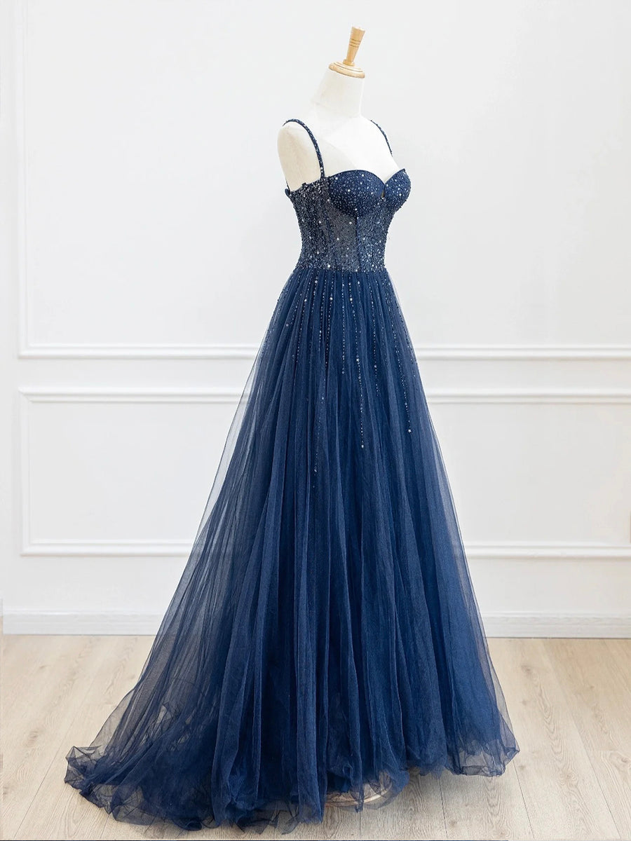Luolandi Blue Spaghetti Strap Tulle Sequins Long Prom Dress Beautiful A-Line Evening Party Dress Sparkly