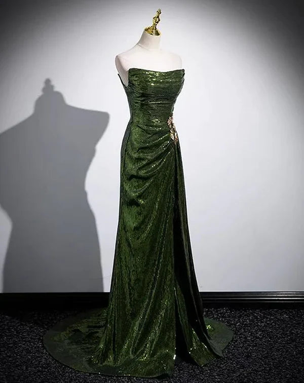Luolandi Green Sequins Long Mermaid Prom Dress Green Lace-up Party Dress with Slit Sparkly Evening Dress