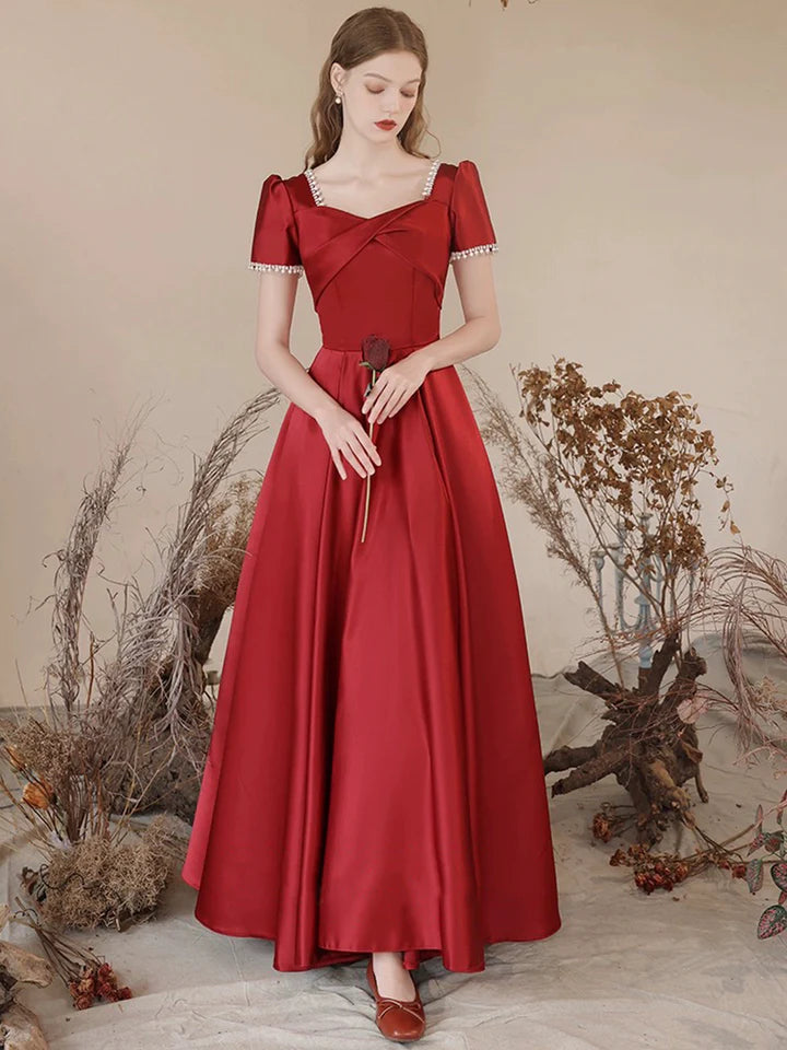 Luolandi Burgundy Satin Long Prom Dress Elegant Short Sleeve A-Line Evening Dress Party Dress Floor Length