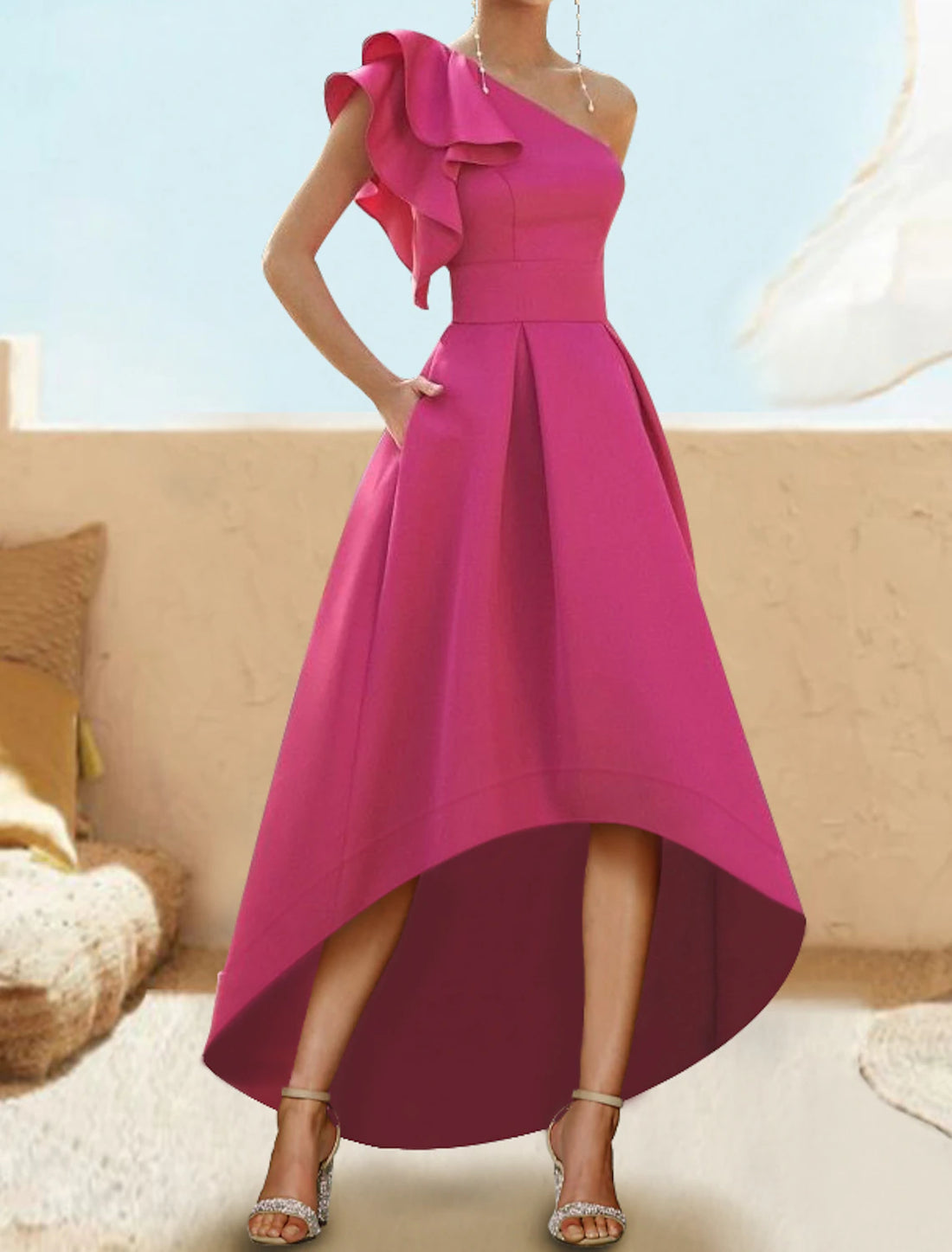 Luolandi A-Line Cocktail Dresses Elegant Dress Wedding Guest Party Wear Asymmetrical Sleeveless One Shoulder Satin with Ruffles