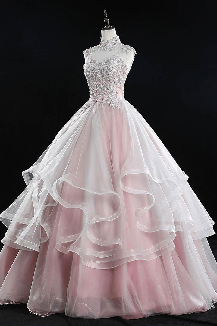 Luolandi Pink Tulle Lace Sweet 16 Dresses Long Quinceanera Dresses Prom Dress