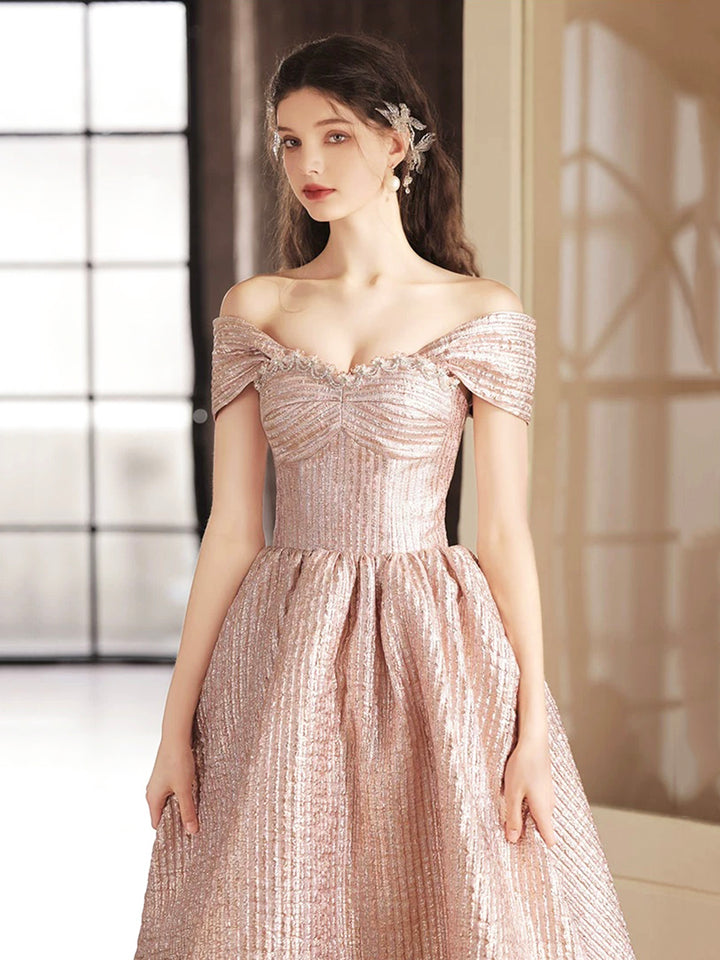 Luolandi Cute Satin Tea Length Prom Dress Off the Shoulder Pink A-Line Party Dress Beautiful