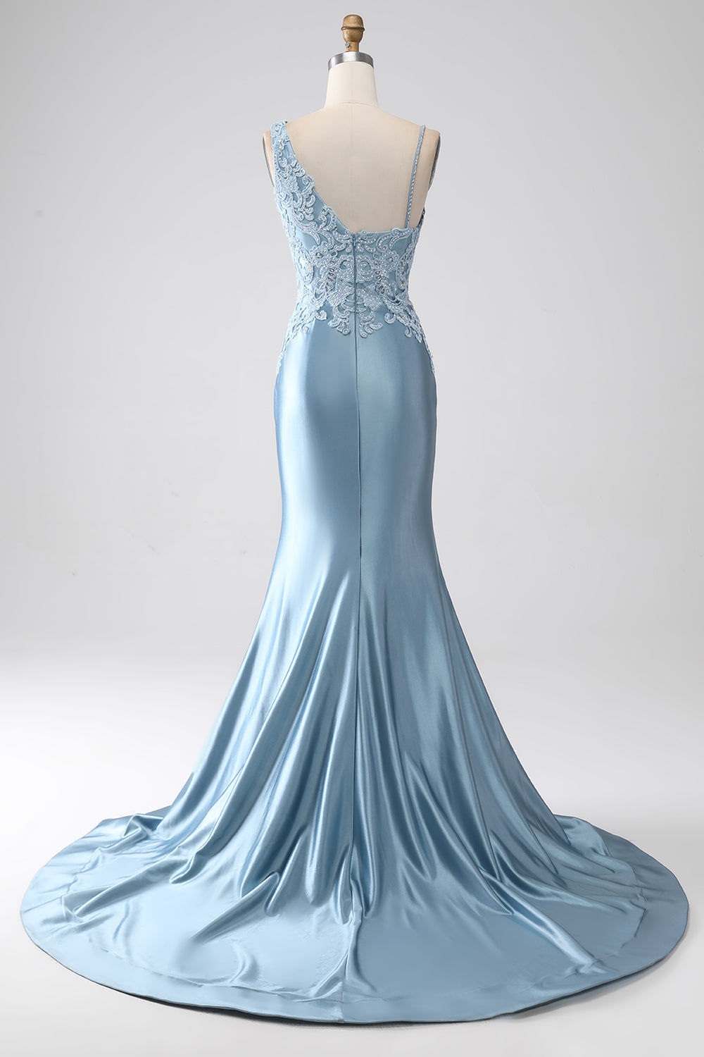 Luolandi Grey Blue Mermaid Spaghetti Straps Long Beaded Prom Dress With Appliques Sexy Evening Dresses