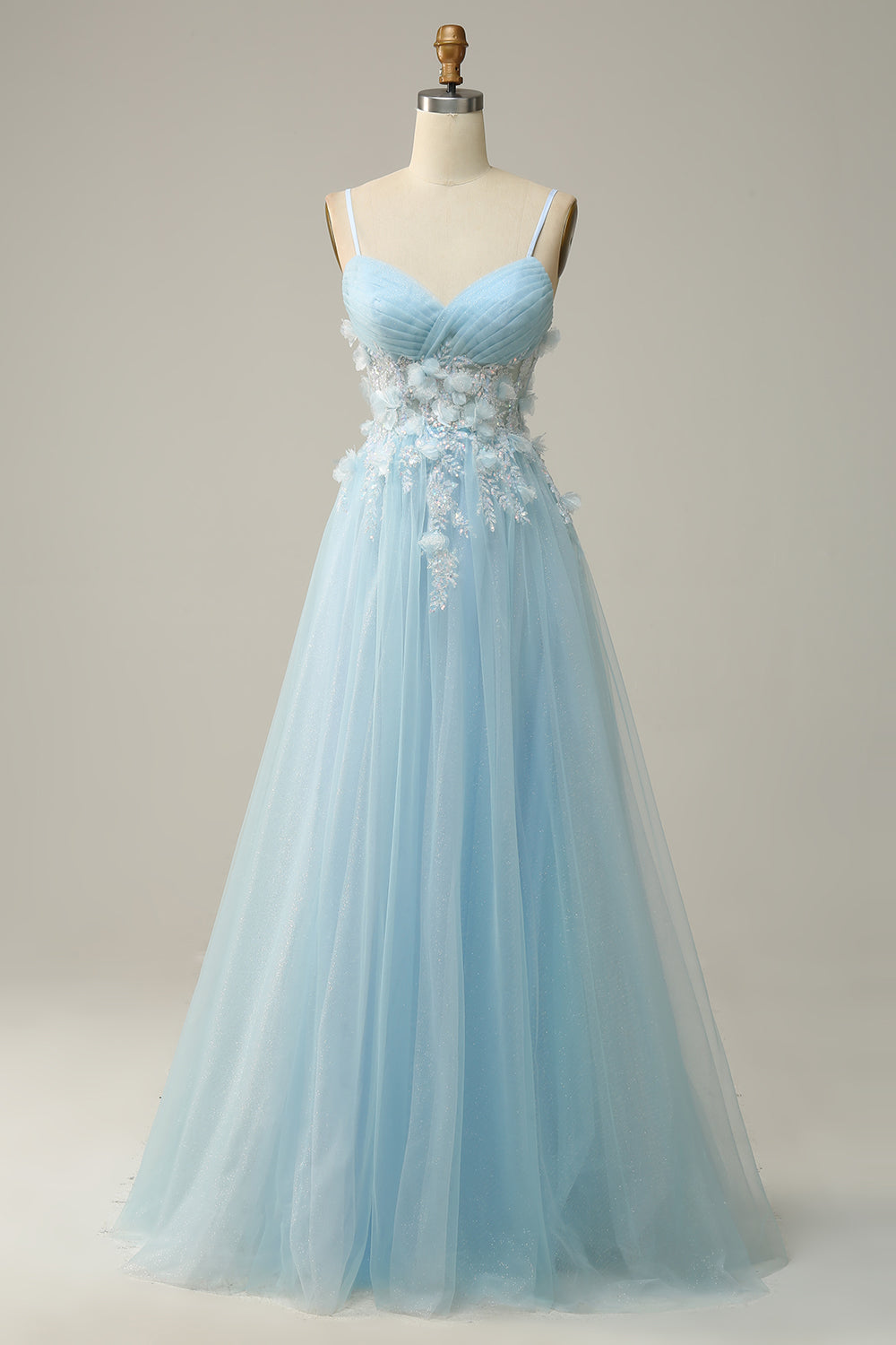 Luolandi Sky Blue A Line Spaghetti Straps Prom Dress with Appliques Beautiful