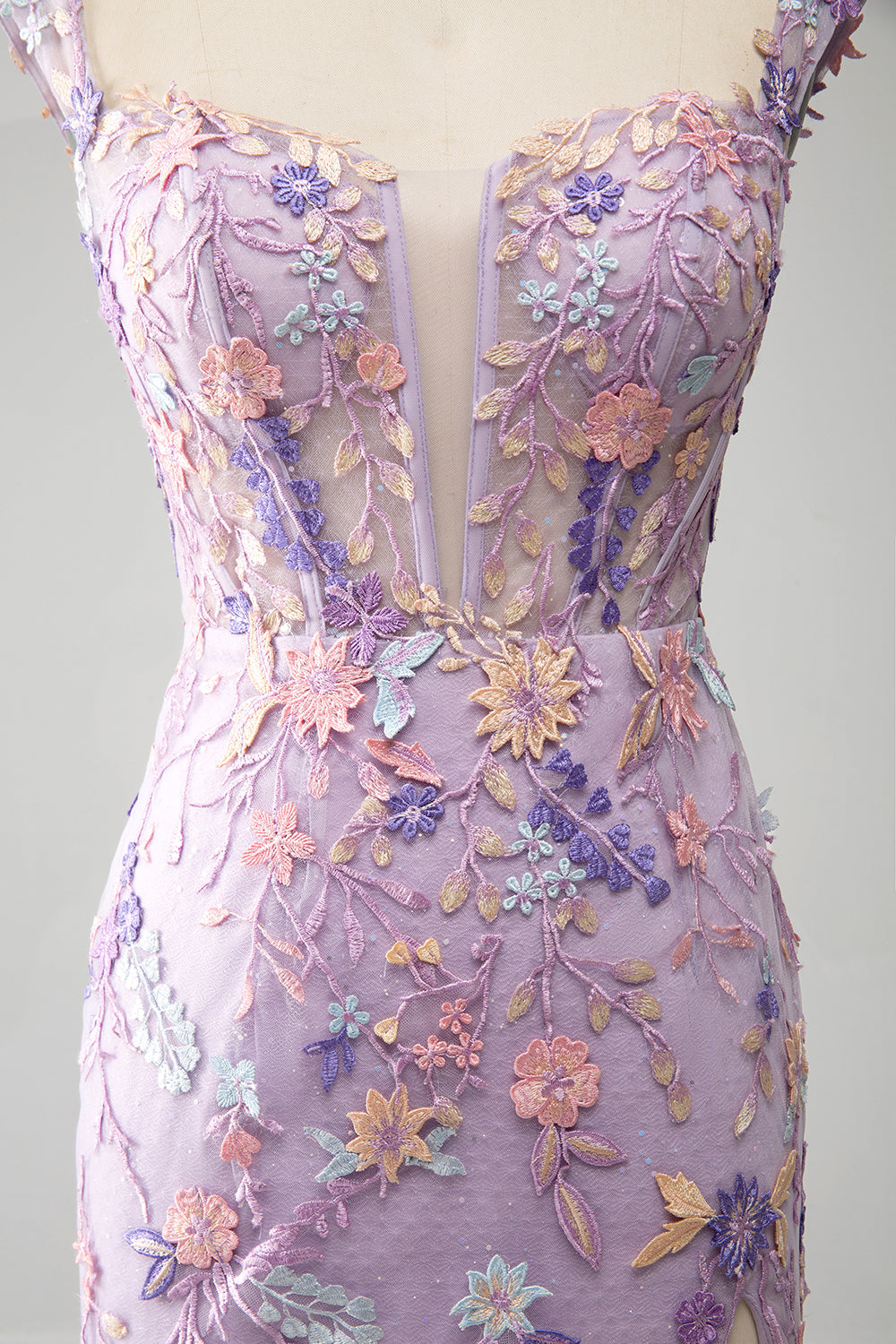 Luolandi Mauve Mermaid Square Neck Split Front Prom Dress With Appliques Floor Length With Flowers