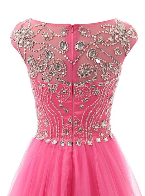 Luolandi Beautiful Beaded Tulle Long Party Gown Tulle Cap Sleeves Formal Dress Prom Dress Elegant