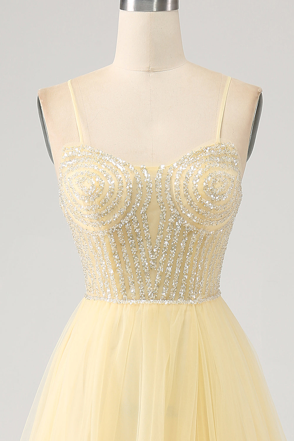 Luolandi Light Yellow A-Line Spaghetti Straps Beaded Tulle Prom Dress with Slit Floor Length Sexy