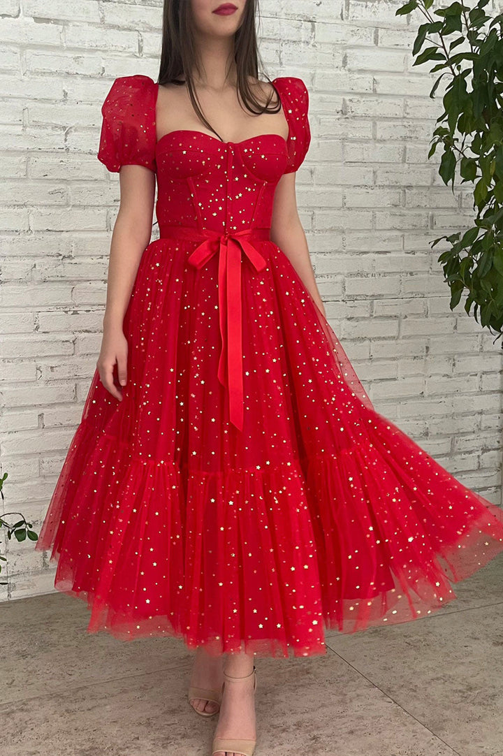 Luolandi Red Tulle Short A-Line Prom Dresses Cute Evening Party Dresses Sparkly