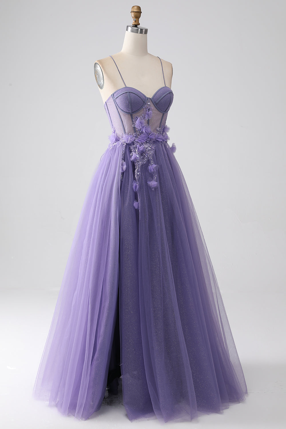 Luolandi A-Line Spaghetti Straps Corset Purple Prom Dress with 3D Flowers Floor Length Sexy