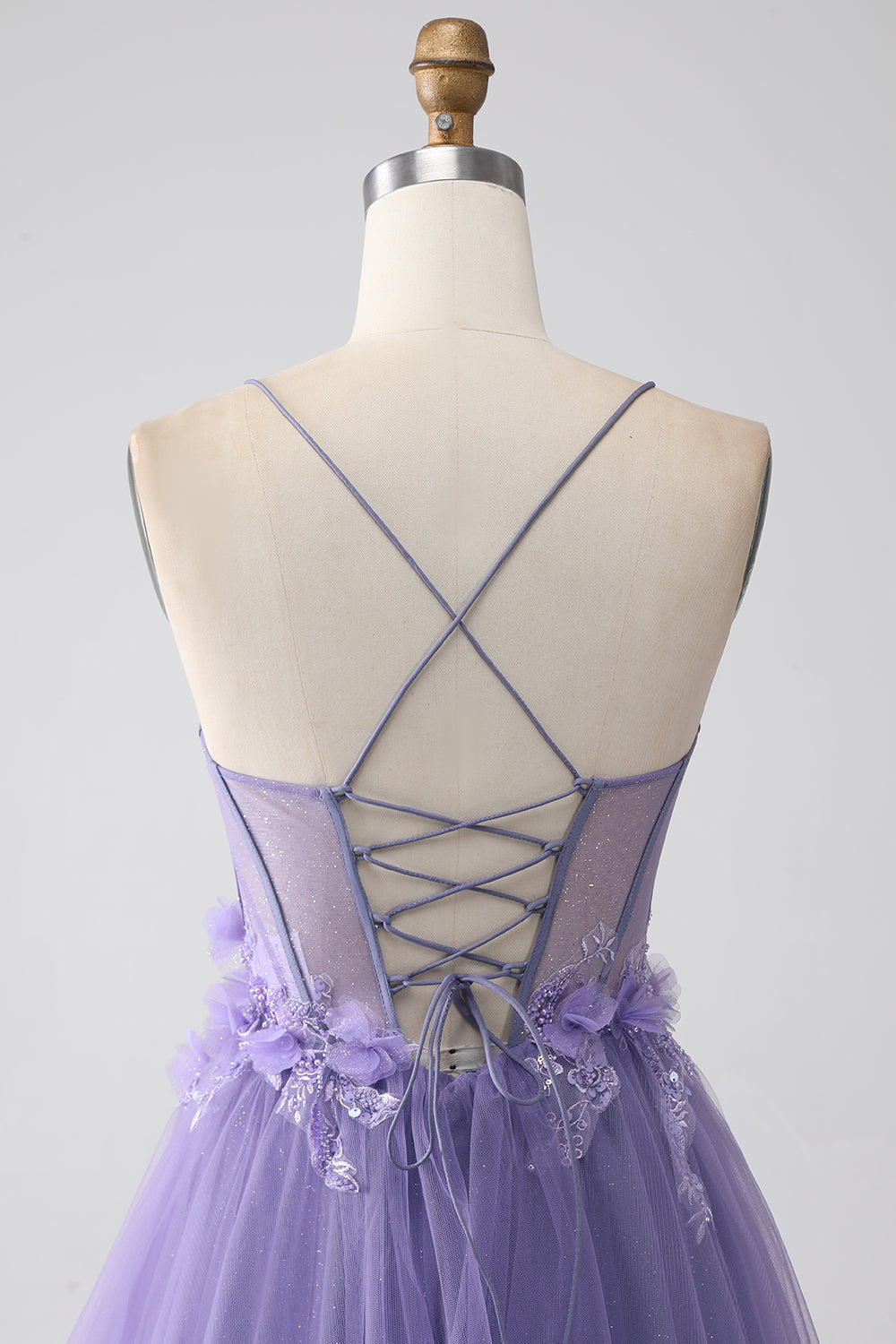 Luolandi A-Line Spaghetti Straps Corset Purple Prom Dress with 3D Flowers Floor Length Sexy