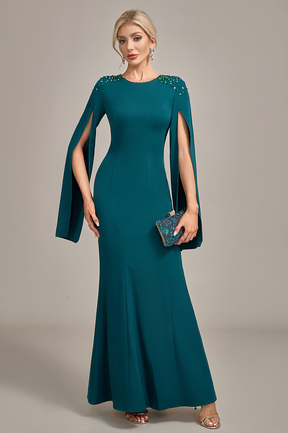 Luolandi Glitter Mermaid Round Neck Mother of the Bride Dress With Long Sleeves Floor Length