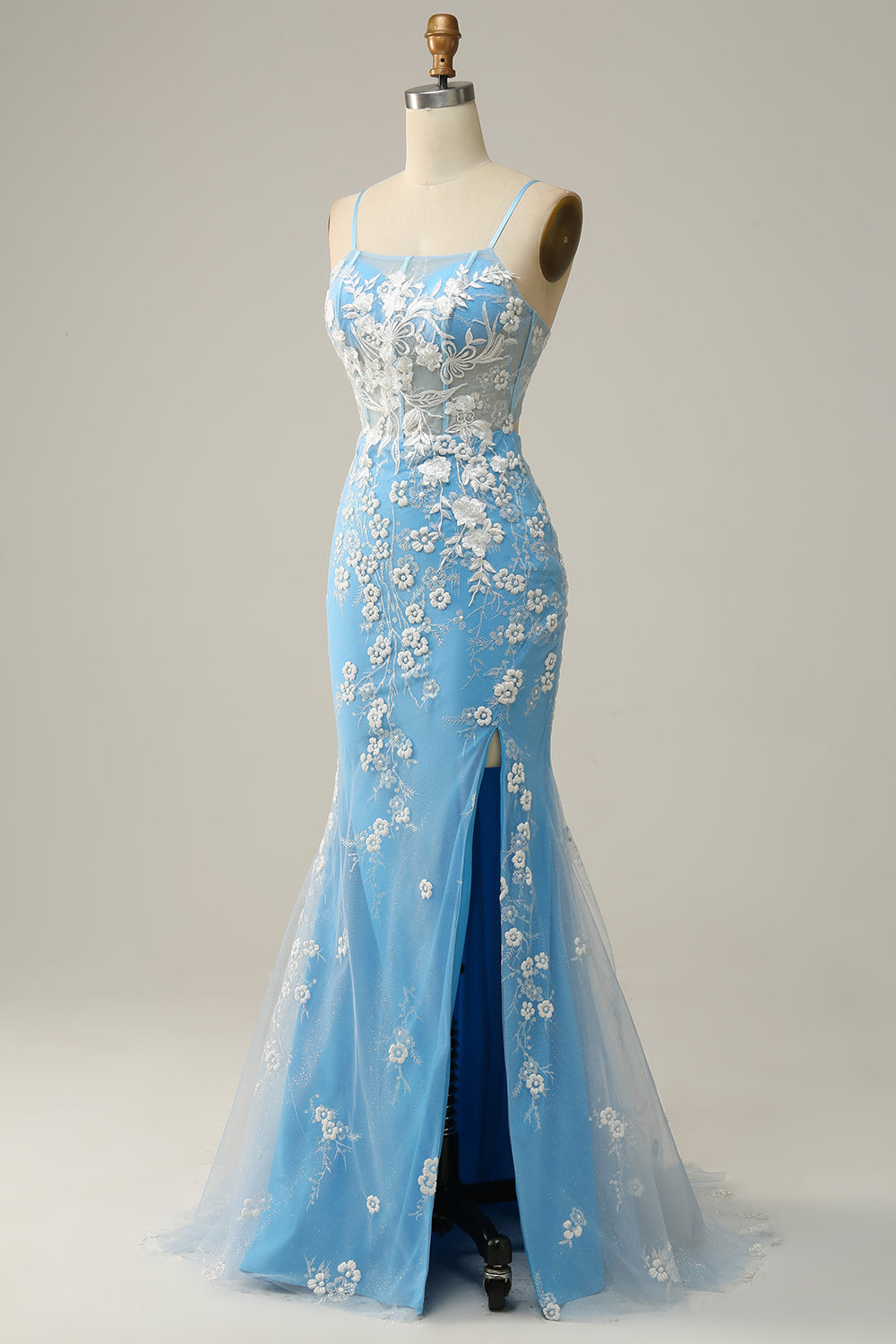 Luolandi Blue Mermaid Spaghetti Straps Long Prom Dress with Appliques Floor Length With Flowers