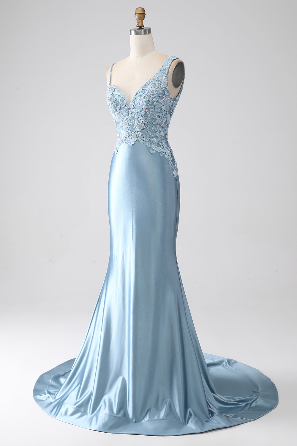 Luolandi Grey Blue Mermaid Spaghetti Straps Long Beaded Prom Dress With Appliques Sexy Evening Dresses