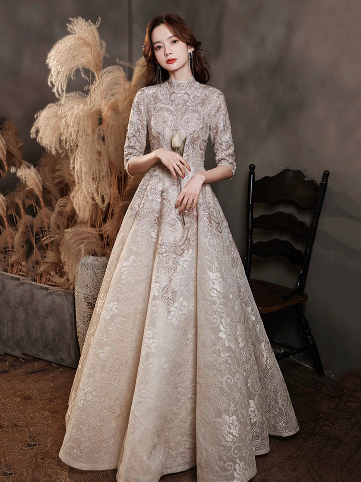 Luolandi Elegant Lace Mid-sleeve Long Formal Dress Champagne High Neck Evening Party Dress Beautiful