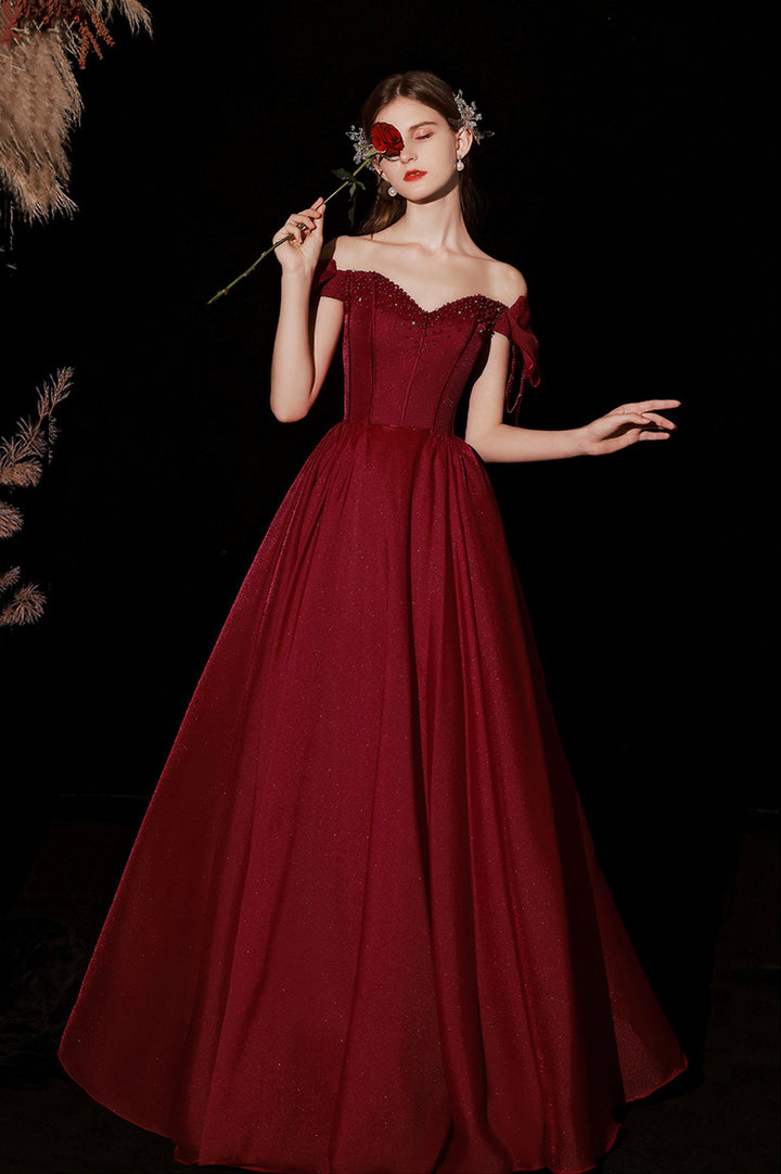 Luolandi Burgundy Satin Long Prom Dresses A-Line Off the Shoulder Formal Dresses Sexy