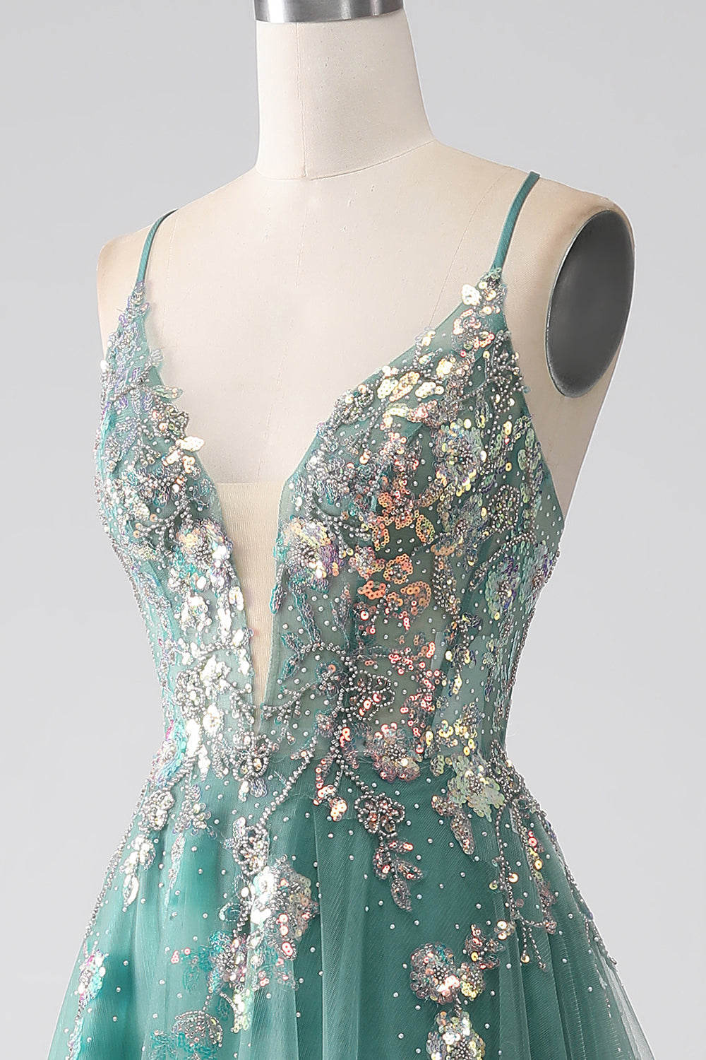 Luolandi Sparkly Green A-Line Spaghetti Straps Long Prom Dress With Sequin Appliques Sexy