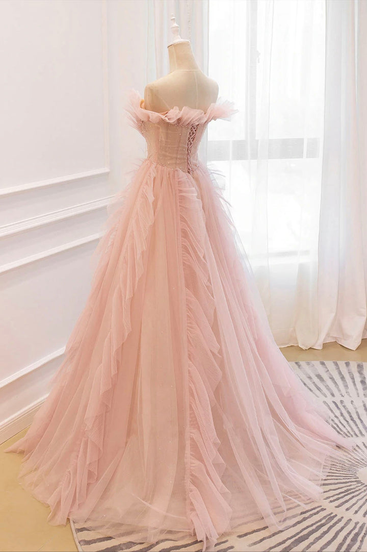 Luolandi Pink Tulle Long Prom Dresses A-Line Graduation Dresses Off Shoulder Beautiful