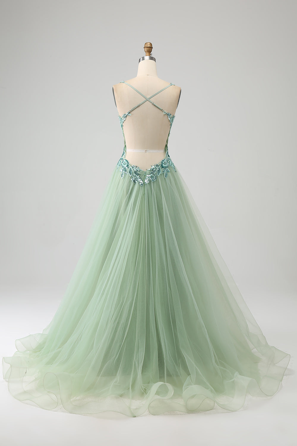 Luolandi Gorgeous Light Green A Line Spaghetti Straps Long Prom Dress with Appliques V-neck