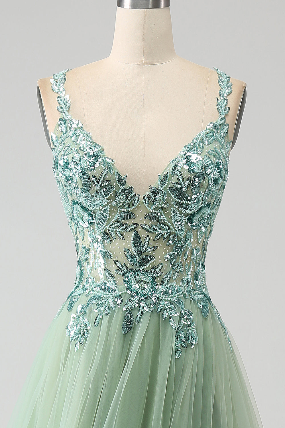 Luolandi Gorgeous Light Green A Line Spaghetti Straps Long Prom Dress with Appliques V-neck