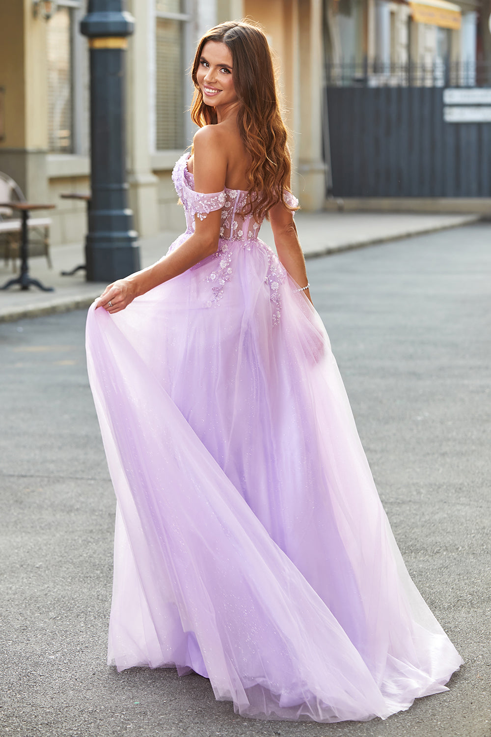 Luolandi Lilac A-Line Off The Shoulder Beaded Long Corset Prom Dress With Slit Beautiful