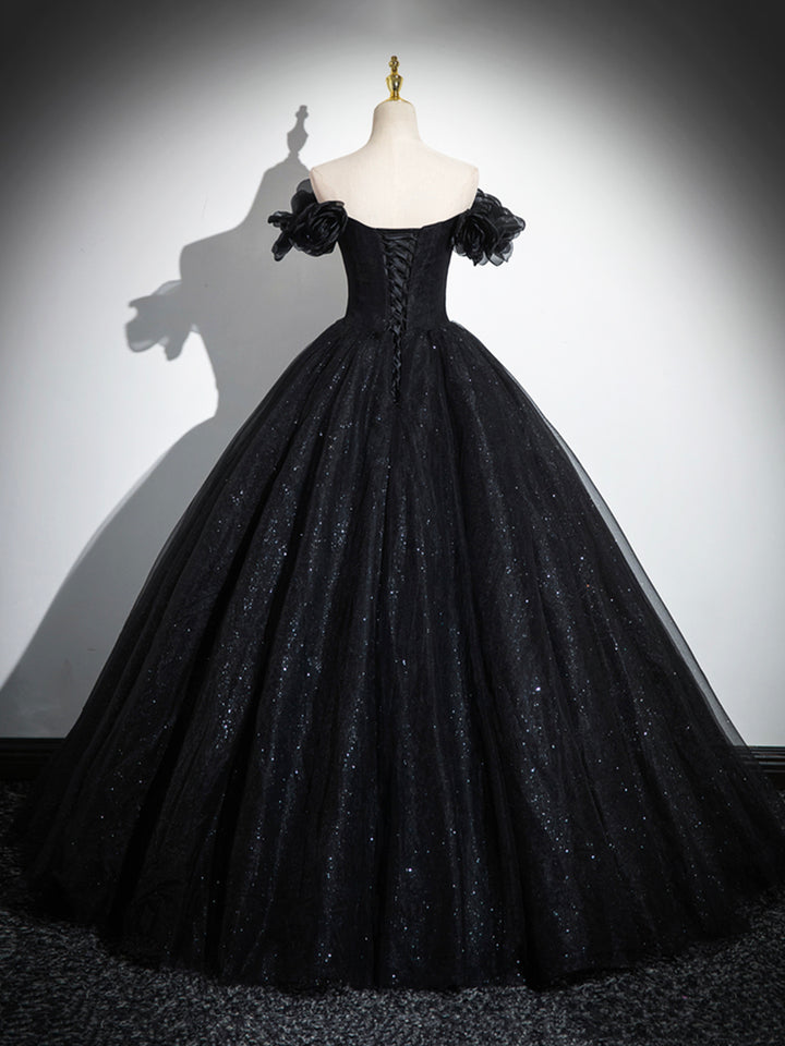 Luolandi Sparkly Tulle Black Sweetheart Ball Gown A-Line Off the Shoulder Evening Dress Prom Dresses