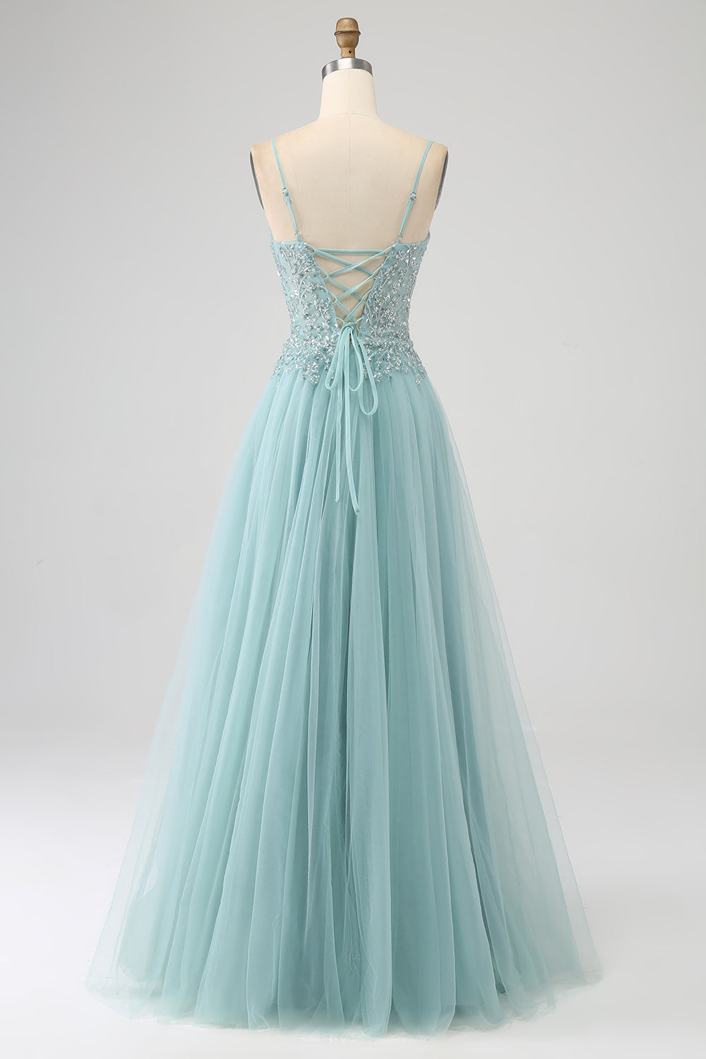 Luolandi Sparkly Light Green A-Line Sequin Applique Corset Prom Dress With Slit Sexy