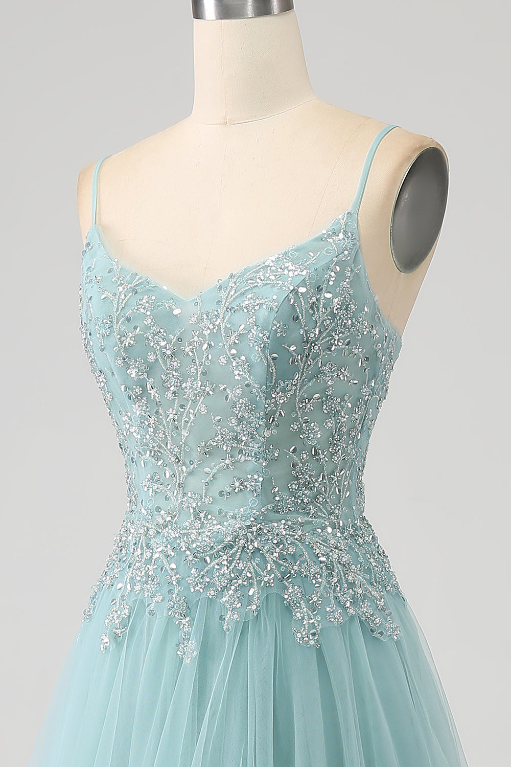 Luolandi Sparkly Light Green A-Line Sequin Applique Corset Prom Dress With Slit Sexy