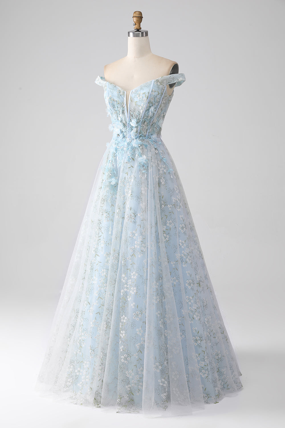 Luolandi Light Blue A-Line Off the Shoulder Long Corset Prom Dress With Appliques Beautiful