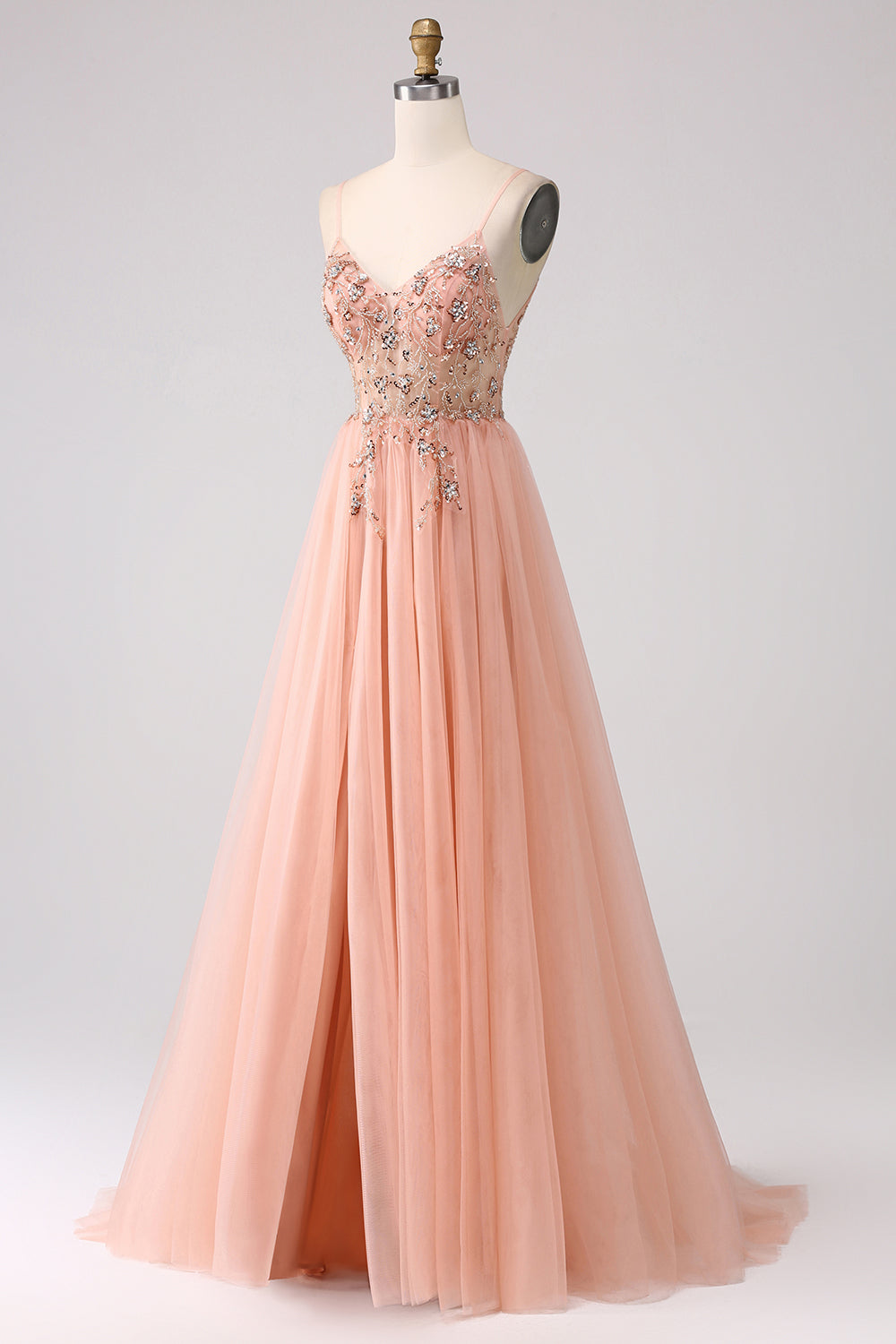 Luolandi Sparkly Blush A-Line Spaghetti Straps Beaded Long Prom Dress With Slit V-neck Sexy