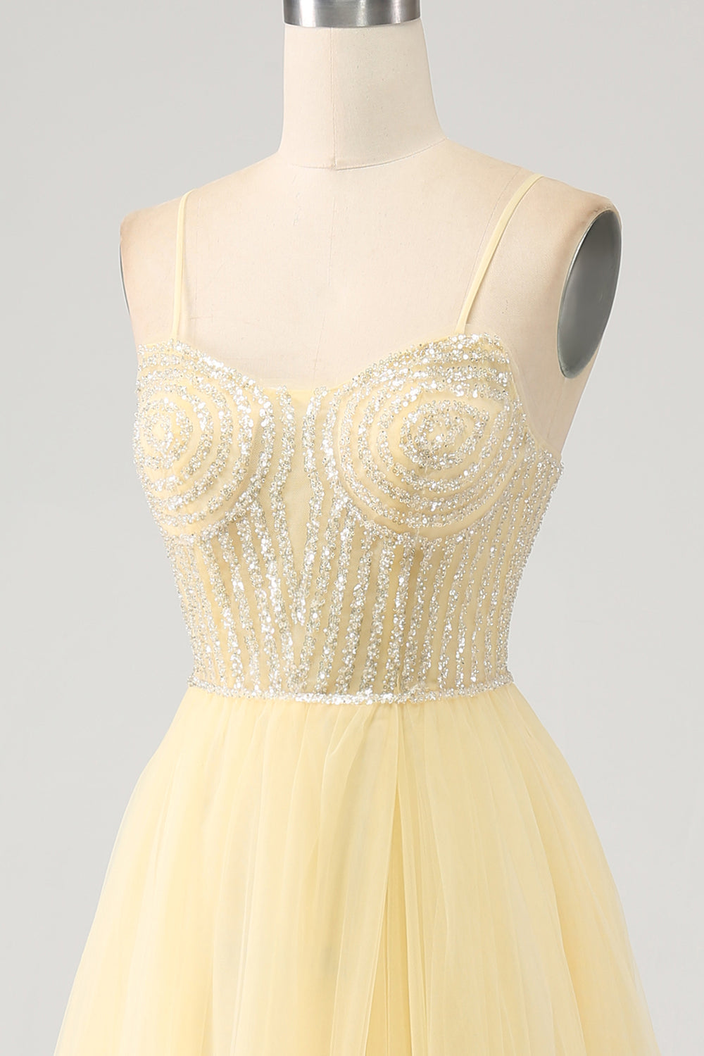 Luolandi Light Yellow A-Line Spaghetti Straps Beaded Tulle Prom Dress with Slit Floor Length Sexy