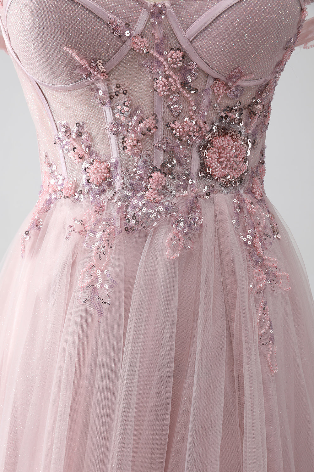 Luolandi Blush A Line Off the Shoulder Sequin Beaded Corset Prom Dress with Slit Beautiful