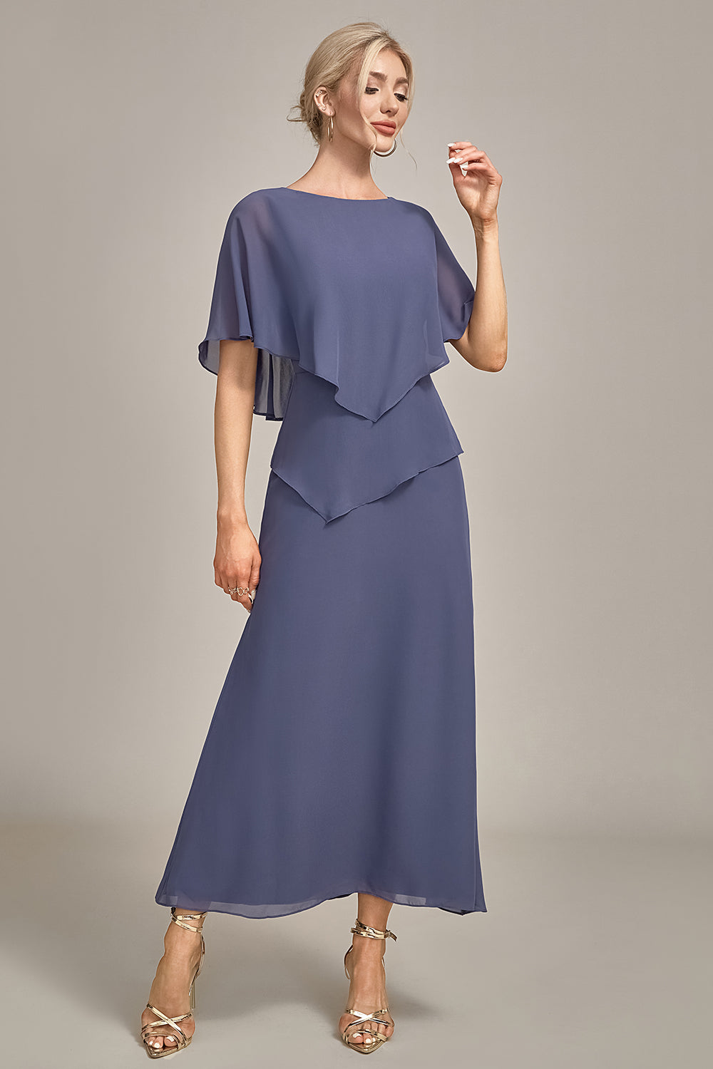 Luolandi Stormy Sheath Scoop Tea-Length Chiffon Mother of the Bride Dress Pure Color