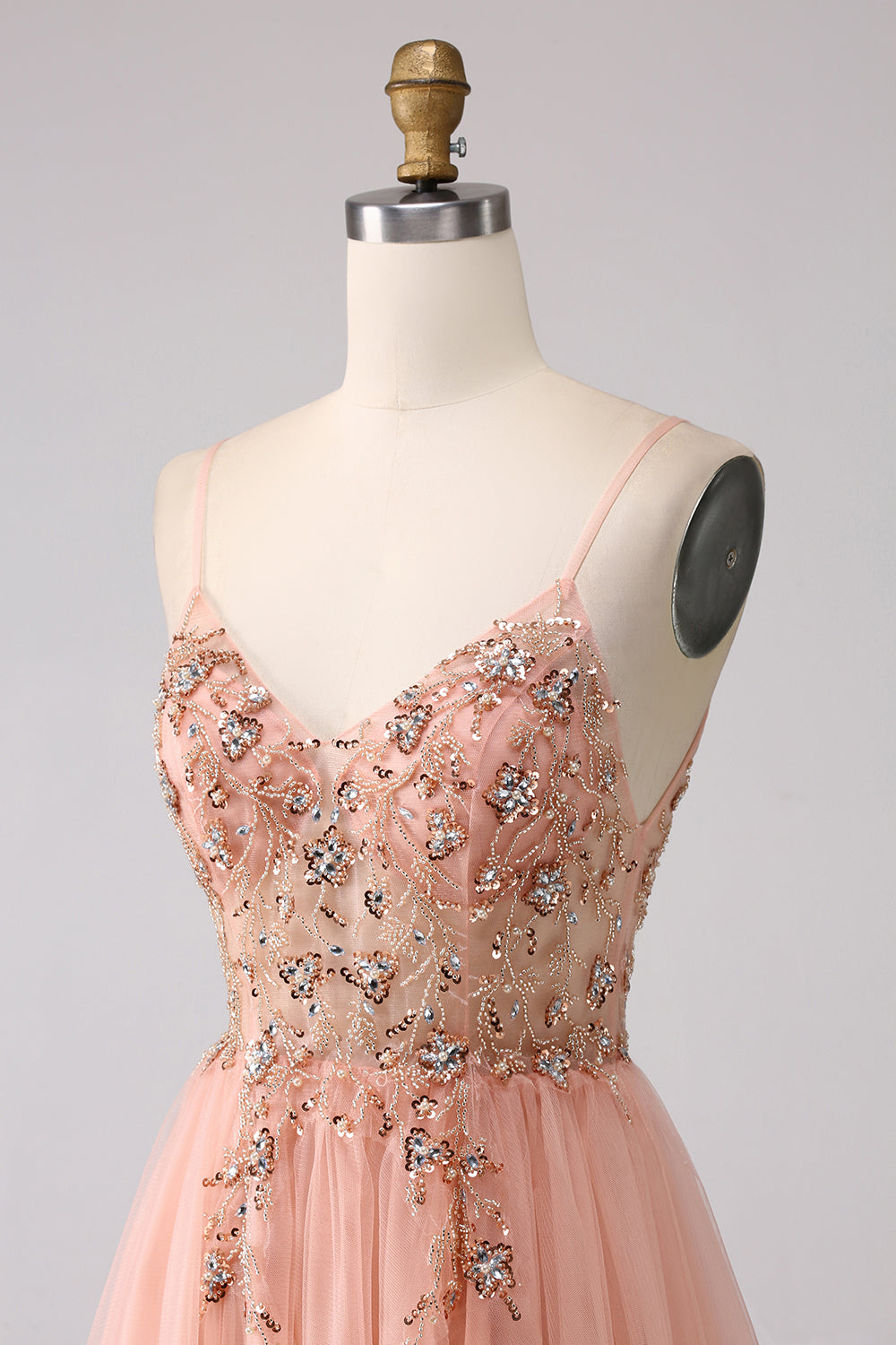 Luolandi Sparkly Blush A-Line Spaghetti Straps Beaded Long Prom Dress With Slit V-neck Sexy