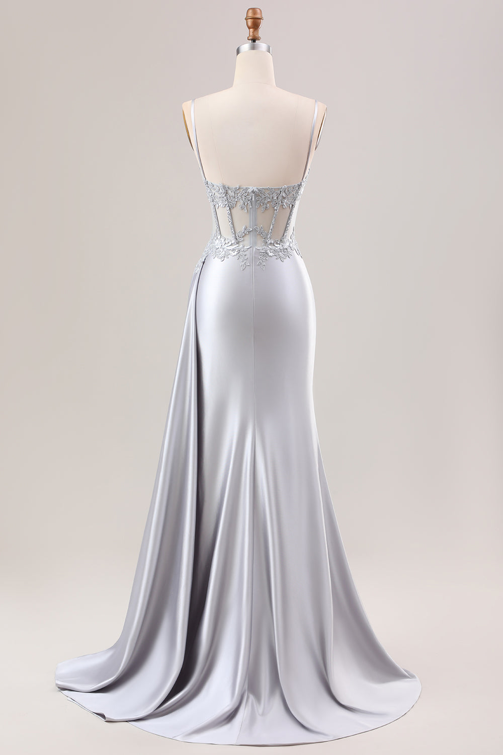 Luolandi Silver Mermaid Pleated Sheer Corset Satin Long Prom Dress With Slit Sexy Evening Dresses