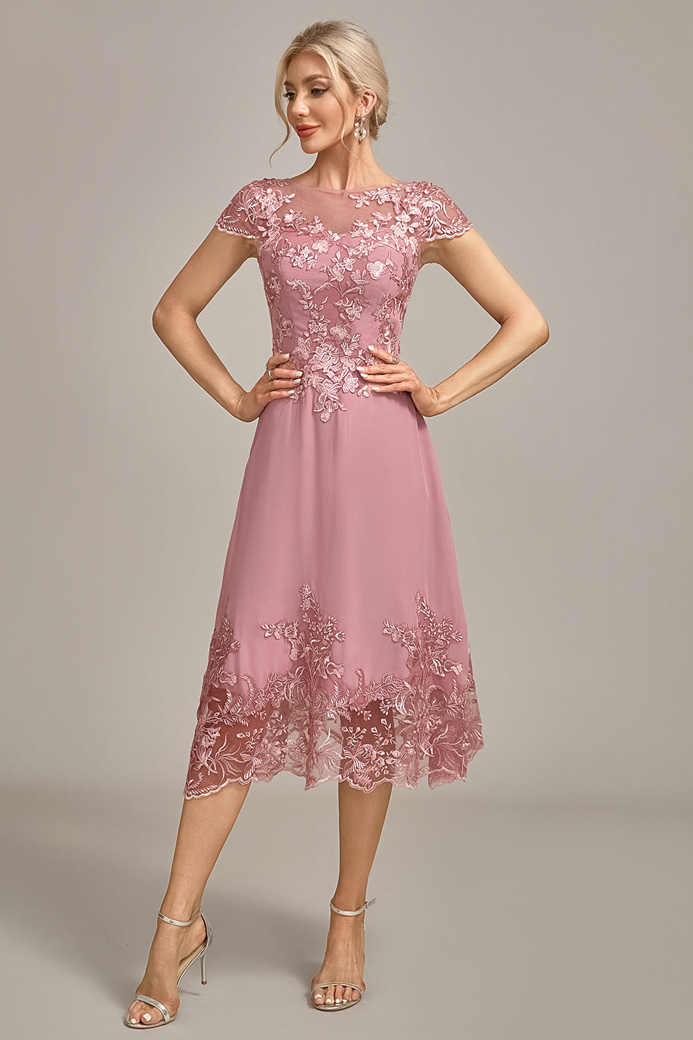 Luolandi A-Line Tea-Length Mother of the Bride Dress With Sequins Short Sleeve
