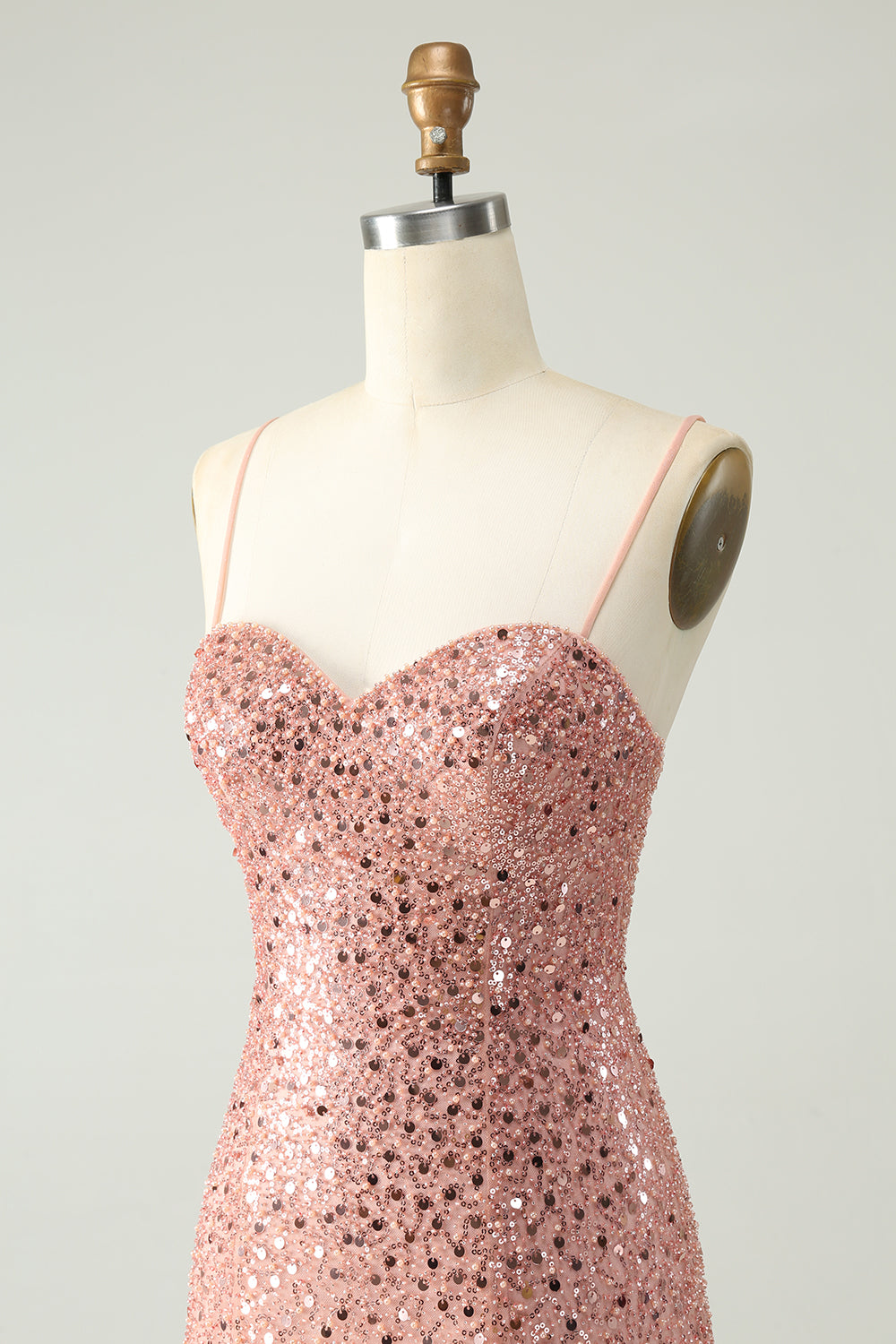 Luolandi Sparkly Blush A Line Spaghetti Straps Short Homecoming Dress with Sequins Sexy